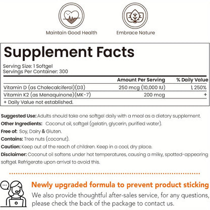 Vitamin D3 K2 MK-7 300 Softgels Value Size — 10000 IU D3 + 200mcg K2 with Extra Virgin Coconut Oil for Bone Density Immune & Heart Health | 10-Month Supply for Women and Men