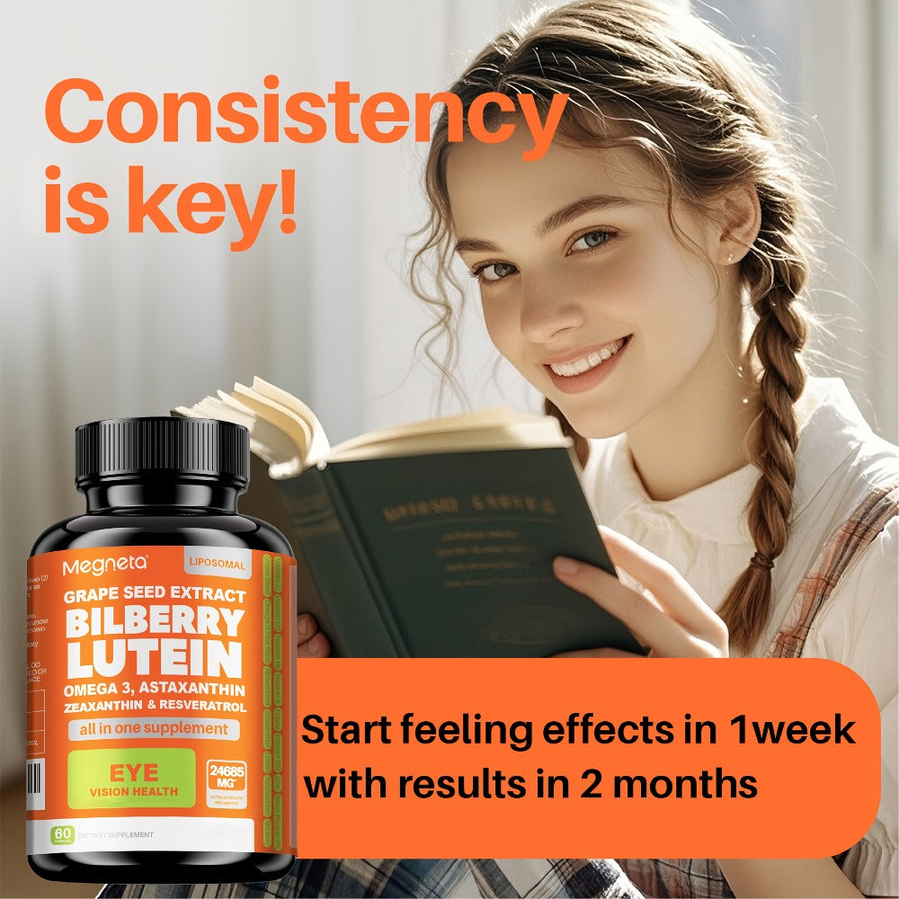 MEGNETA Eye Vitamins Lutein And Zeaxanthin Supplements, 24685 Per Serving | 60 Capsules, Enhanced with Astaxanthin, Omega-3, Bilberry And Resveratrol, Eye Vitamins & Vision Health Support