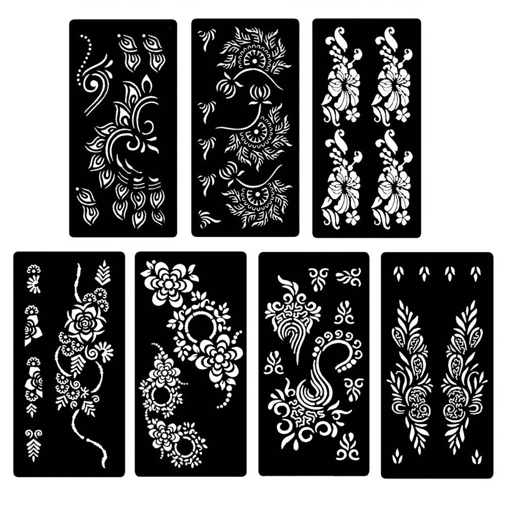 Tattoo Stencils for Body Painting 7-Piece Hollow Flower Nail Art Arm Stickers | Temporary Body Art for Festivals Events | Easy Apply Floral Henna-Style Decoration | Reusable Body Paint Stencil Set