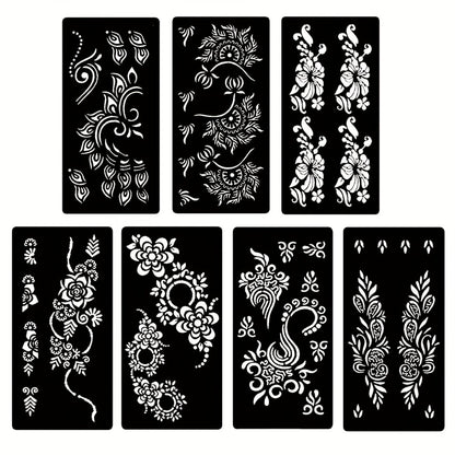 Tattoo Stencils for Body Painting 7-Piece Hollow Flower Nail Art Arm Stickers | Temporary Body Art for Festivals Events | Easy Apply Floral Henna-Style Decoration | Reusable Body Paint Stencil Set