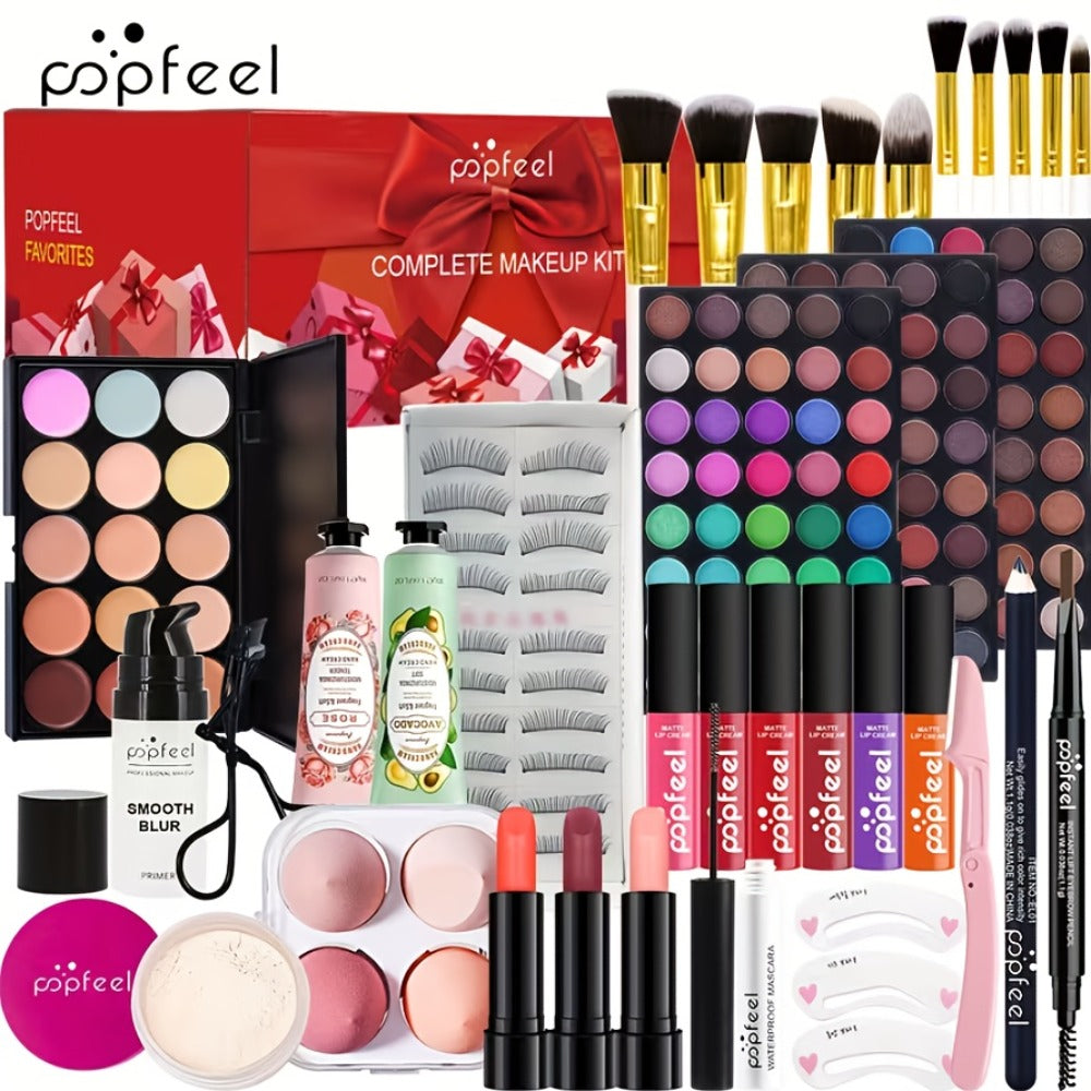 Makeup Kit Full Face POPFEEL All-in-One Eyeshadow Palette Blush Foundation Mascara Brush Set Berry Neutral Shades Gift Set for Women Beginners