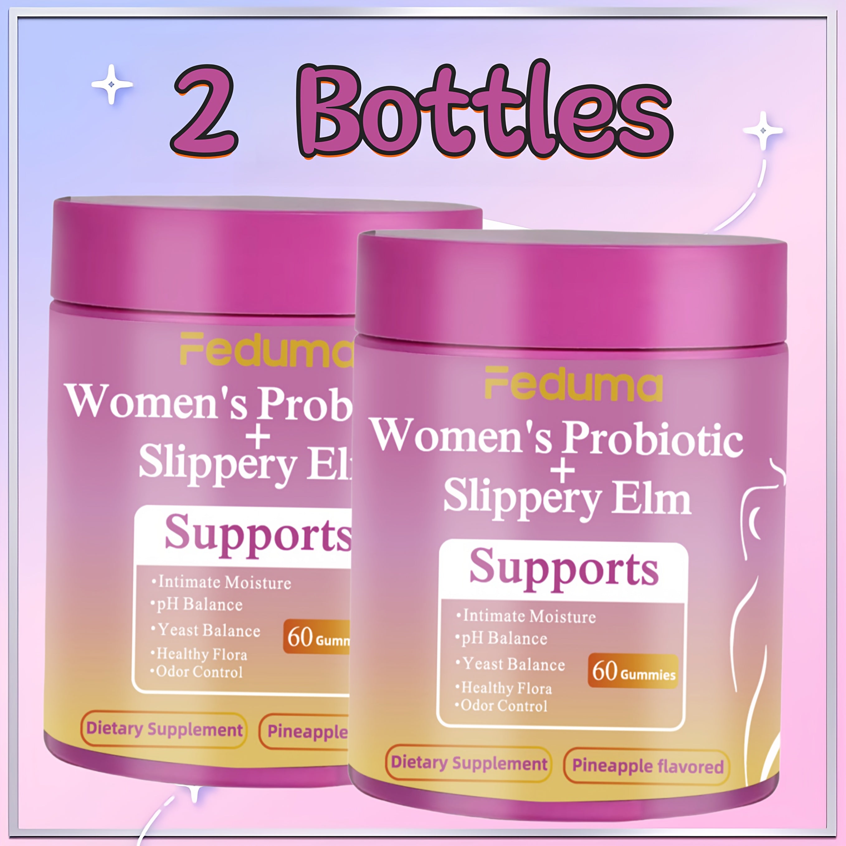 [Probiotic Gummies] 1/2 Bottle, Package-60 Gummies/80 Gummies, Feduma Women's Probiotic Gummies Her Juicy Blend of Slippery Elm for Intimate Moisture, Odor Control, And Healthy Flora, 60 Pineapple, Flavored Gummies!