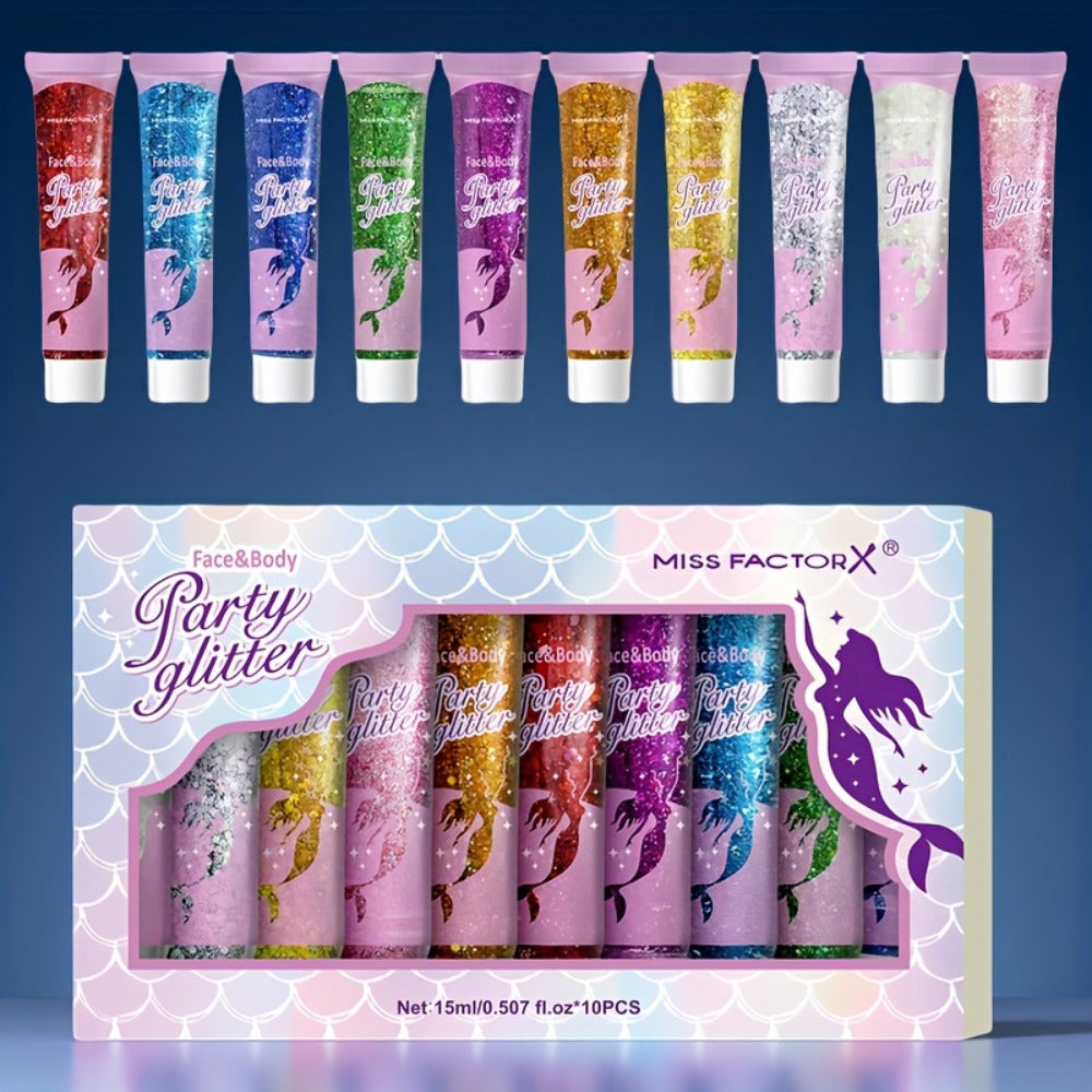 10 Color Set Face & Body Glitter - Cosmetic-Grade Holographic Glitter Gel - Makeup For Festivals, Raves, Anime Cosplay - Safe For Face, Easy Application & Removal