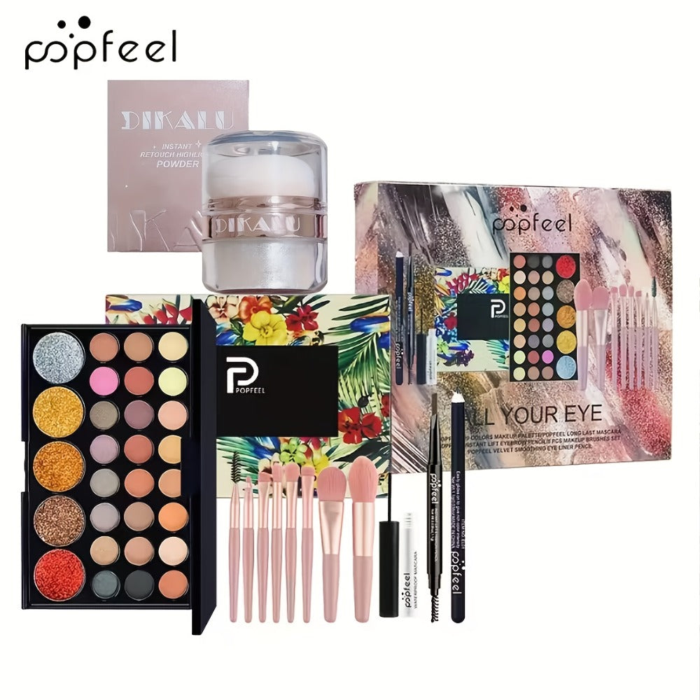 Full Makeup Gift Set — Complete Kit with Eyeshadow Palette Mascara Eyebrow Pencil Highlighter Powder & Brushes | Berry Tones | All Skin Types