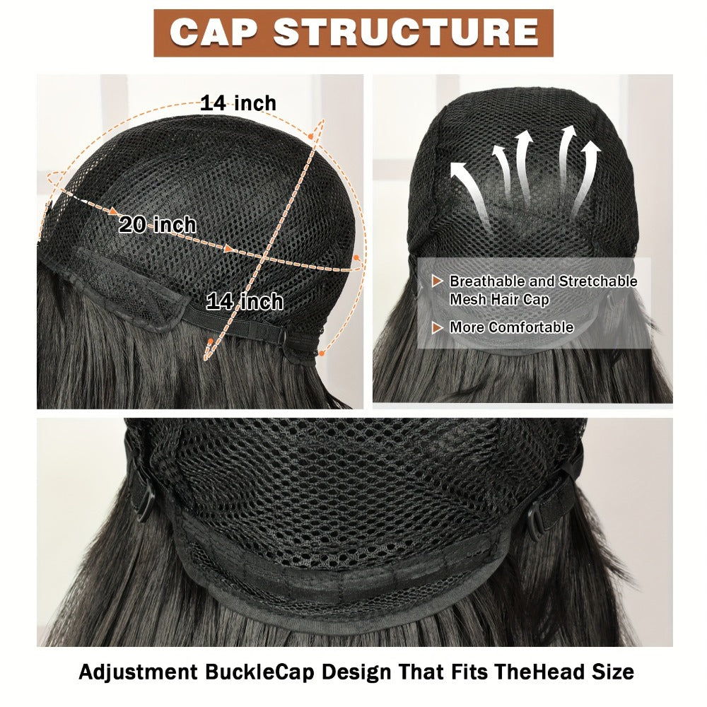 Long Straight Black Wig with Bangs 26 Inch Heat Resistant Synthetic Hair Full Machine Cap Women Cosplay Halloween Party Daily Wear Sleek Dramatic Lightweight