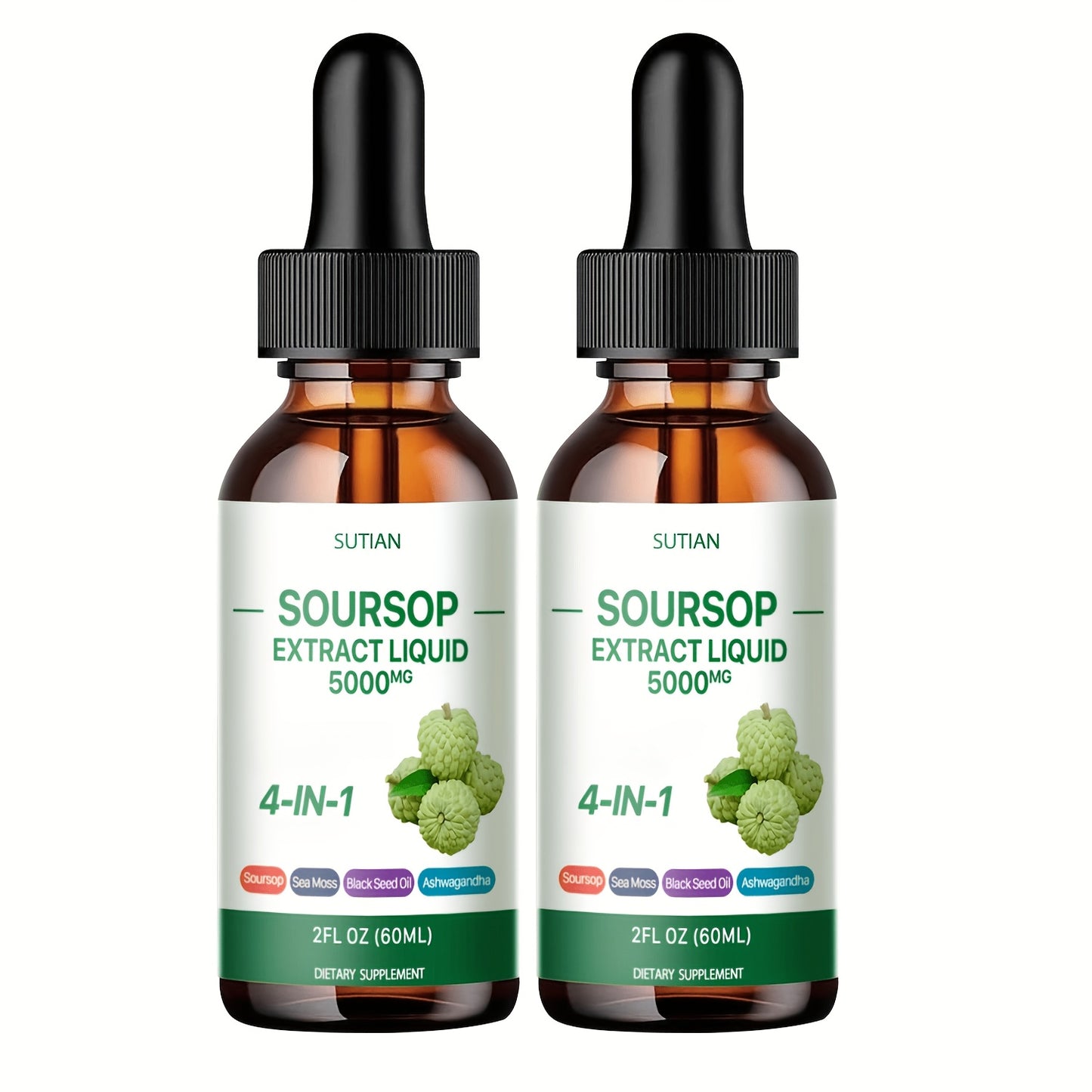 Soursop Liquid Drops 4-in-1 Bitter Concentrate with Black Seed Oil, Ashwagandha & Seaweed | High-Purity Extraction Immune & Antioxidant Support Supplement | 2 fl oz | 1 or 2 Bottles