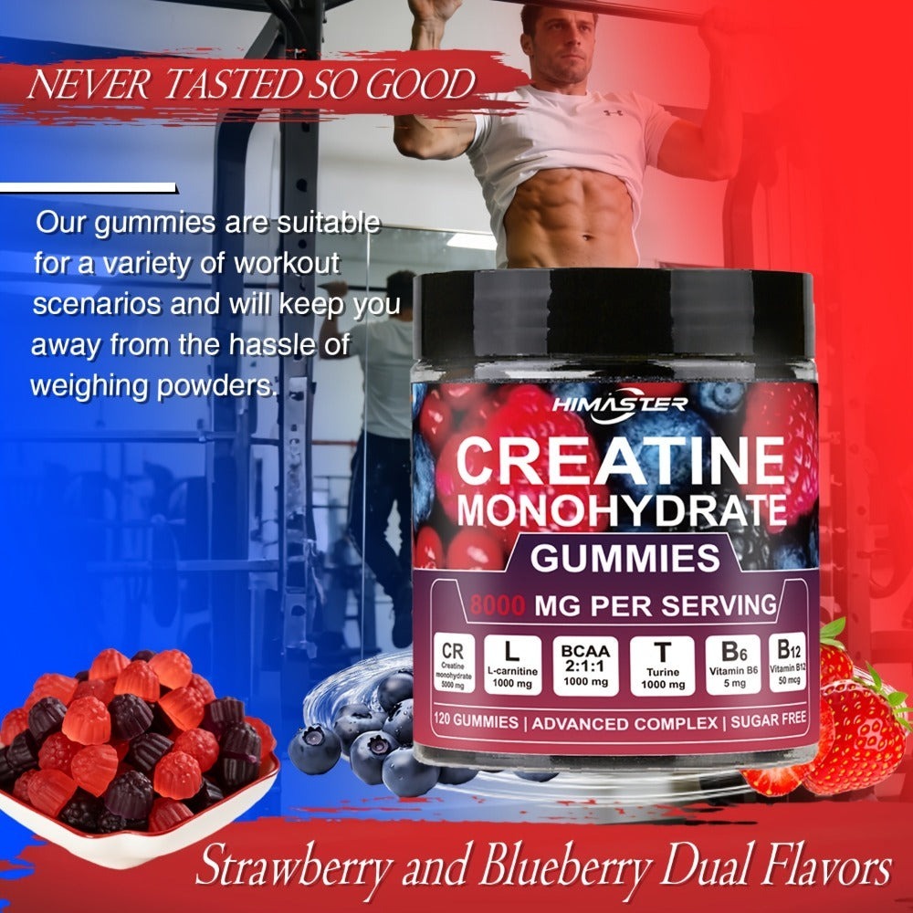 [Yeah Buddy] 8000mg Creatine Monohydrate Blueberry Gummies | with L-Taurine, with BCAA, Vitamin B6 & B12, for Men & Women, 120 Count