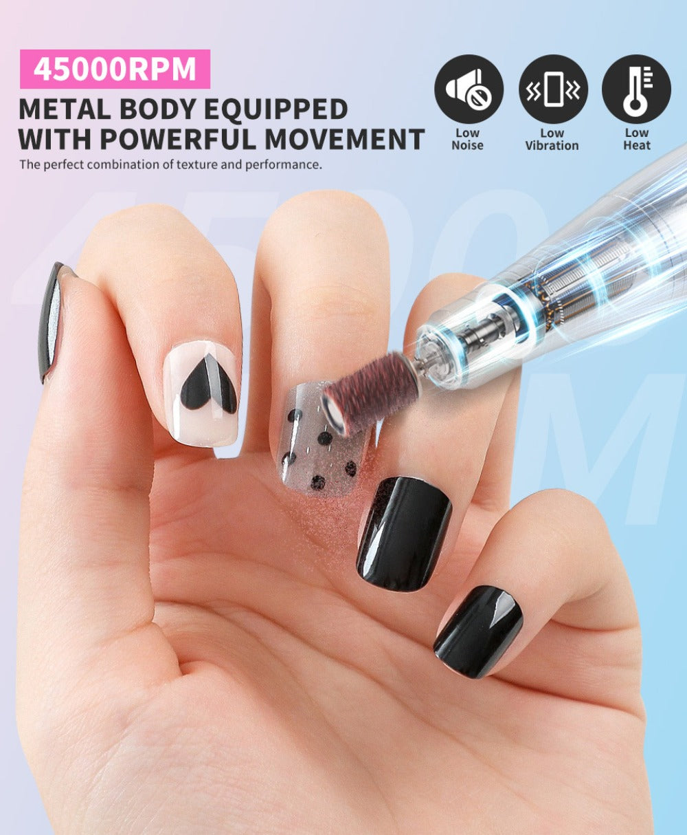 45000RPM Electric Nail File Kit | Portable Nail Drill for Acrylic Nails Gel Polishing Removing, Professional Rechargeable Electric Nail E File Kit for Manicure Salon Home, USB Powered, LCD Display, Brushed Motor, Plastic Material