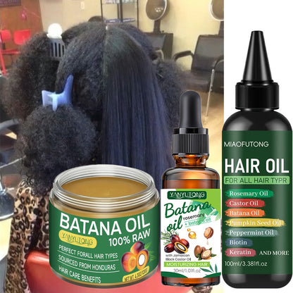 Bataina Hair Oil 3-Piece Set | Cold-Pressed Biotin Hair Oil + Essential Oil + Conditioner | Strengthens Prevents Breakage Split Ends Enhances Shine | All Hair Types