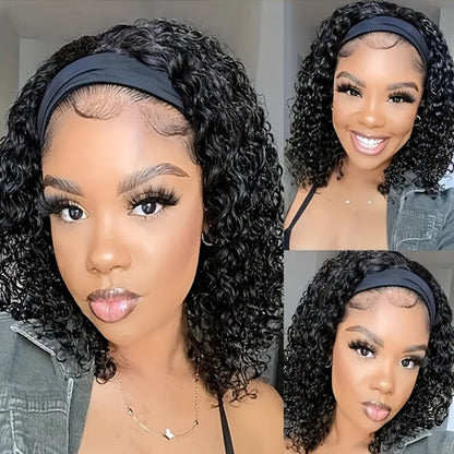 Headband Wig Human Hair Short Curly Pixie Cut Wig No Glue Natural Black Beginner Friendly Glueless Wear and Go Wig for Women 14 Inch
