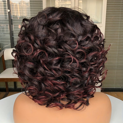 Short Curly Wig with Bangs Jerry Curl Synthetic Lace Front Wig 14 Inch Heat Resistant 13x1 Lace Wig for Women Daily Wear Cosplay Dark Brown Copper Red Dark Wine