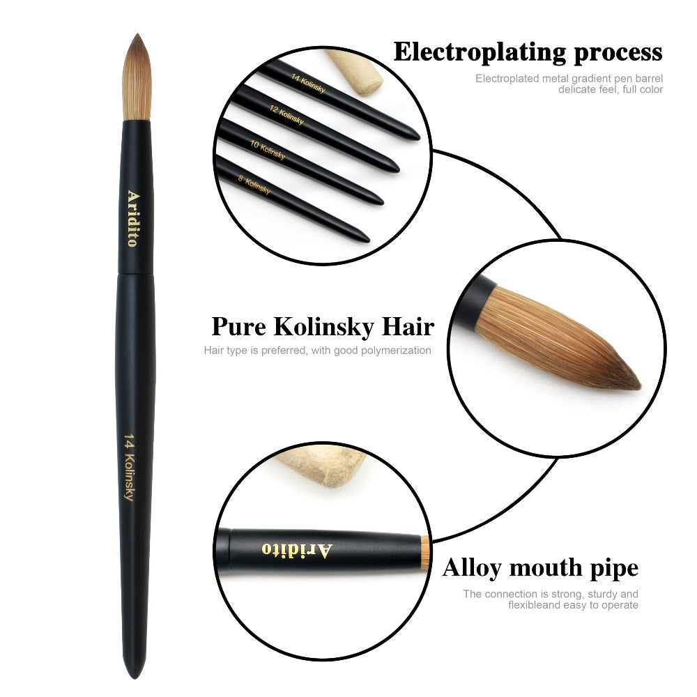 Aridito Kolinsky Round Head Acrylic Nail Art Brush Black Wooden Handle For Professional Manicure Home Salon(#8, #10, #12, #14)