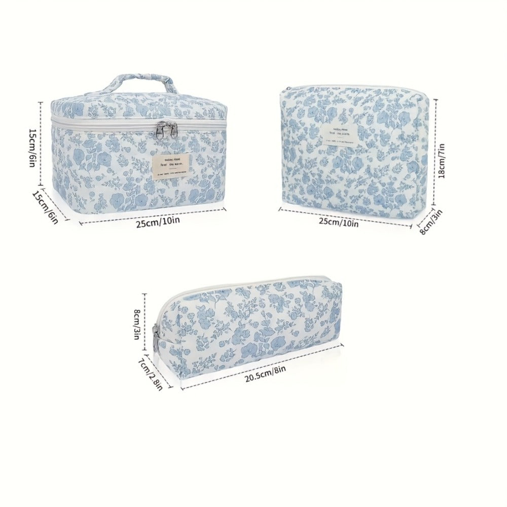 Large Capacity Floral Pattern Quilted Makeup Bag Set, 3 Counts Travel Cosmetic Bags, Stay Glam On-the-Go, Portable Zipper Makeup Organizer Pouches for Skincare, Cream, Lip Balm, Eyeliners, Makeup Tools, Makeup Container Set, Makeup Storage Organizer