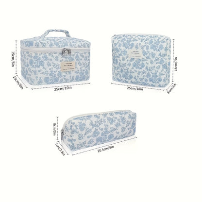 Quilted Makeup Bag Set 3 Pcs Floral Pattern Large Capacity Travel Cosmetic Bag Organizer Polyester Zipper Pouch for Skincare Makeup Tools Toiletry Blue Pink Peacock