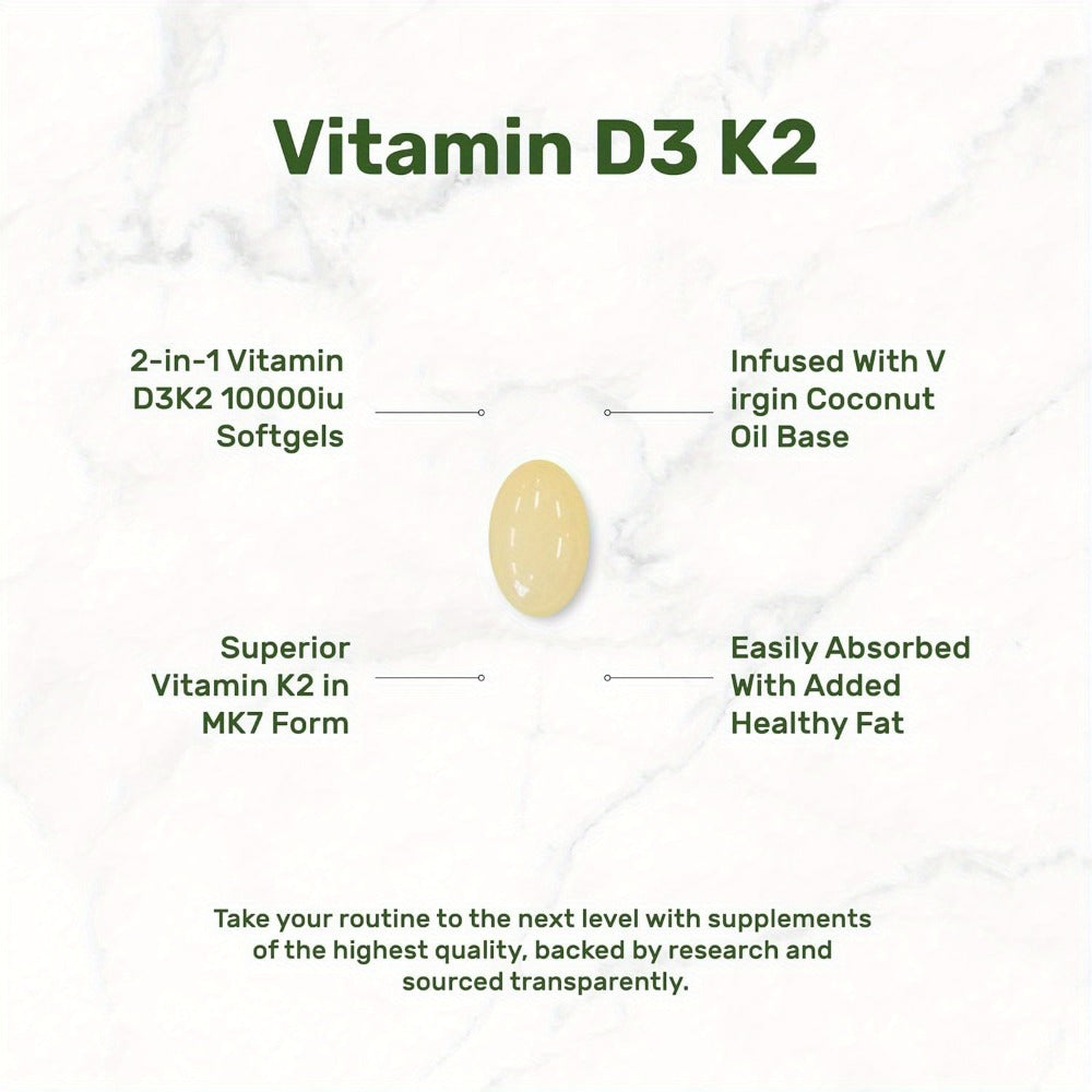 Vitamin K2 D3 Supplement, 10, 000 IU Vitamin D3 + 200 mcg Vitamin K2 MK7, Supports Bone, Immune Health, and Overall Vitality, 300 Softgels with Extra Virgin Coconut Oil