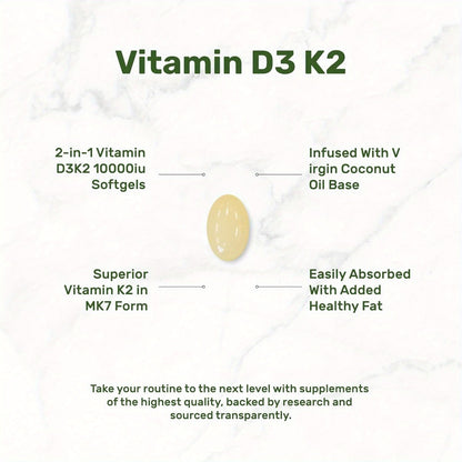 Vitamin D3 K2 MK-7 300 Softgels Value Size — 10000 IU D3 + 200mcg K2 with Extra Virgin Coconut Oil for Bone Density Immune & Heart Health | 10-Month Supply for Women and Men