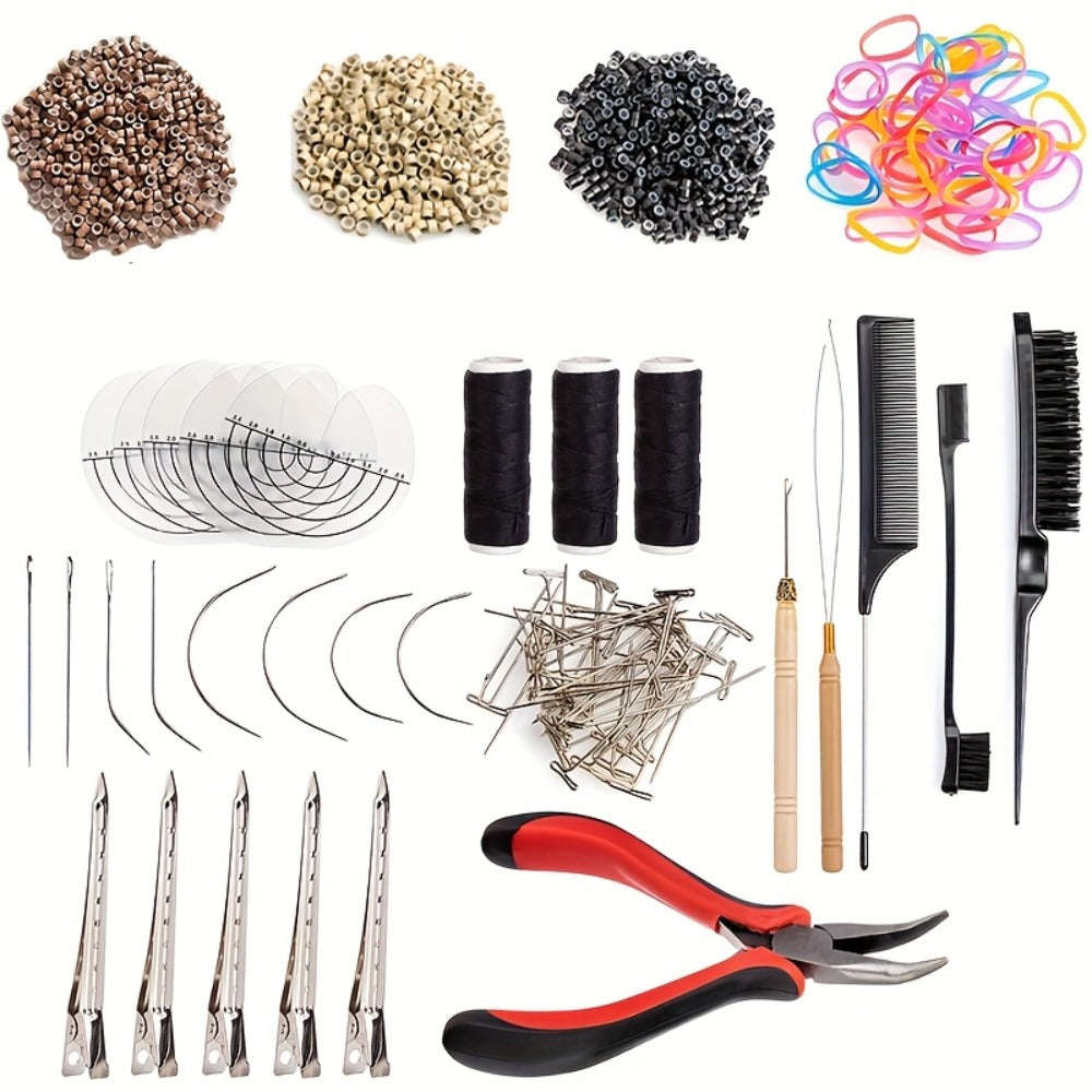Hair Extension Tools Kit Complete Set 1500 Micro Rings Plier Crochet Hook Needles Threader Rubber Bands Clips Heat Shield Guards Sewing Thread for Hair Styling