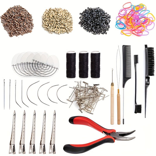 Hair Extension Tools Kit, 1 Plier, 1500 Lined Micro Rings, 5 Rolls Sewing Thread, 9 C/J/I Needle, 1 Threader, 1 Crochet Hook, 3 Comb, 200 Rubber Bands, 5 Clips, 50 T-Needle And 5 Heat Shield Guards for Hair Styling