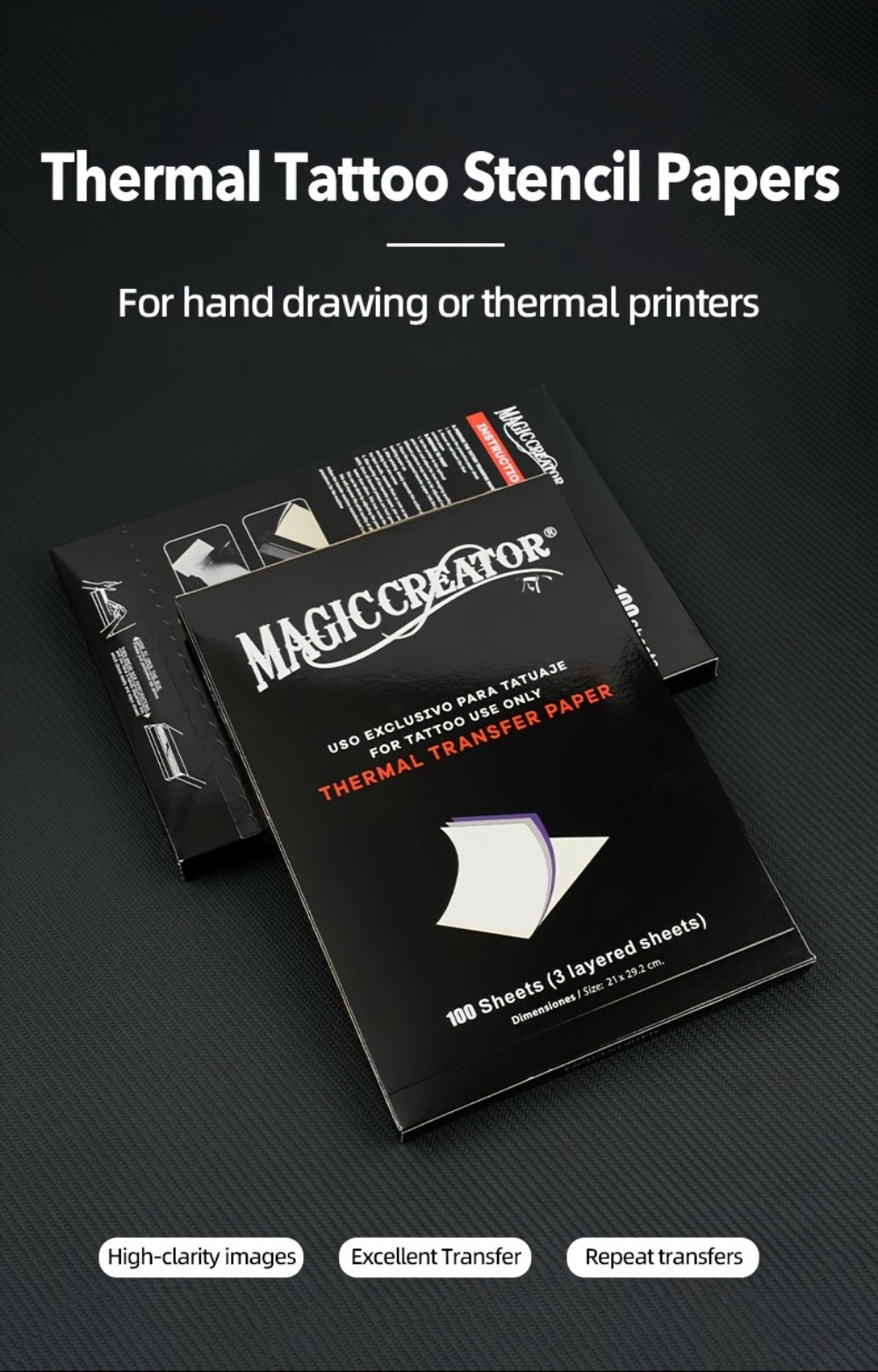 Tattoo Transfer Paper 100 Sheets 4-Layer Thermal Stencil — Professional Tattoo Stencil Paper for Drawing, Tracing & Transfer, Compatible with All Tattoo Machines