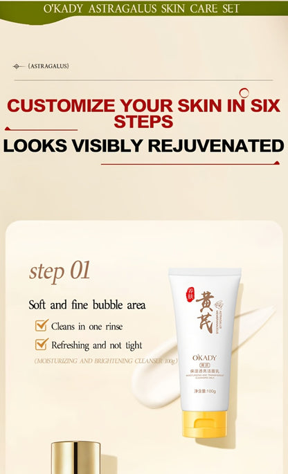 Astragalus Skincare Set Anti-Aging Hydrating Antioxidant 6pcs - Face Cream Essence Cleanser Toner Lotion Eye Cream Sleep Mask for All Skin Types Wrinkle Reduction