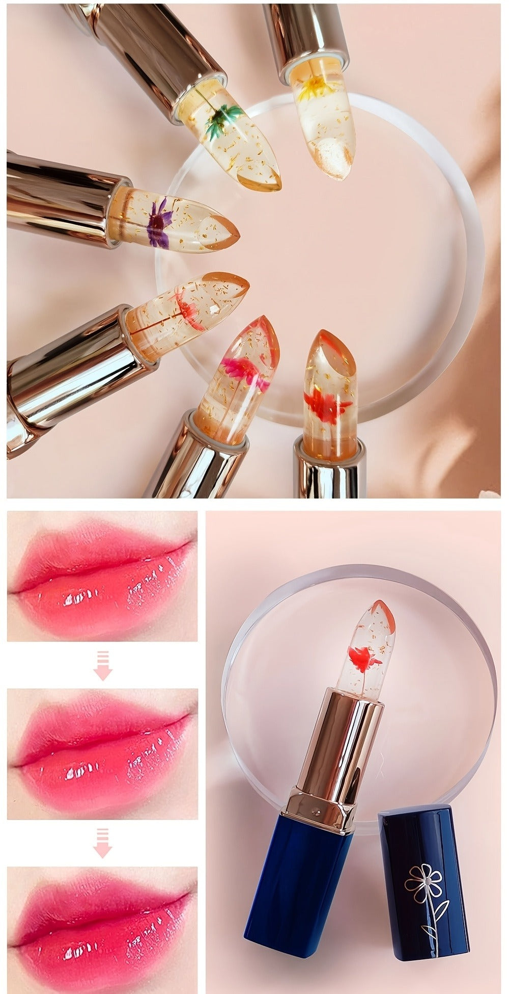 Flower Color Changing Lip Balm Set 6 Pcs - pH Reactive Tint Turns Pink, 6 Flavors, Moisturizing Transparent Lipstick, Cute Floral Design, Gift-Ready Beauty Makeup for Women & Girls