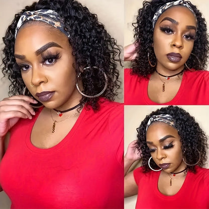 Headband Wig Human Hair Short Curly Pixie Cut Wig No Glue Natural Black Beginner Friendly Glueless Wear and Go Wig for Women 14 Inch