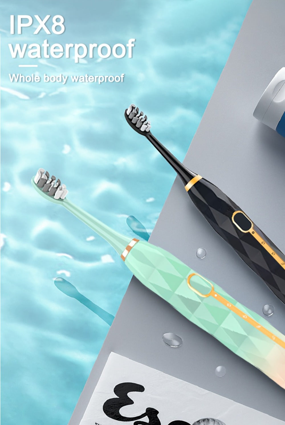 Sonic Electric Toothbrush That Is with an IPX8 Rating, Includes 8 Replacement Brush Heads, a Travel Case, And USB Charging. It Features a Metal Shaft Suitable for Both Adult Males And Females, Comes with a Toothbrush Holder