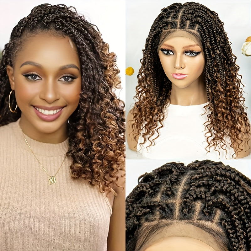 14-16inch Bohemian Style Square Woven Wig - Knotless Goddess Braided Wig with Curly Full Lace Square Synthetic Braid Wig Featuring, Suitable for Women, Natural Black Braided Lace Front Wig.