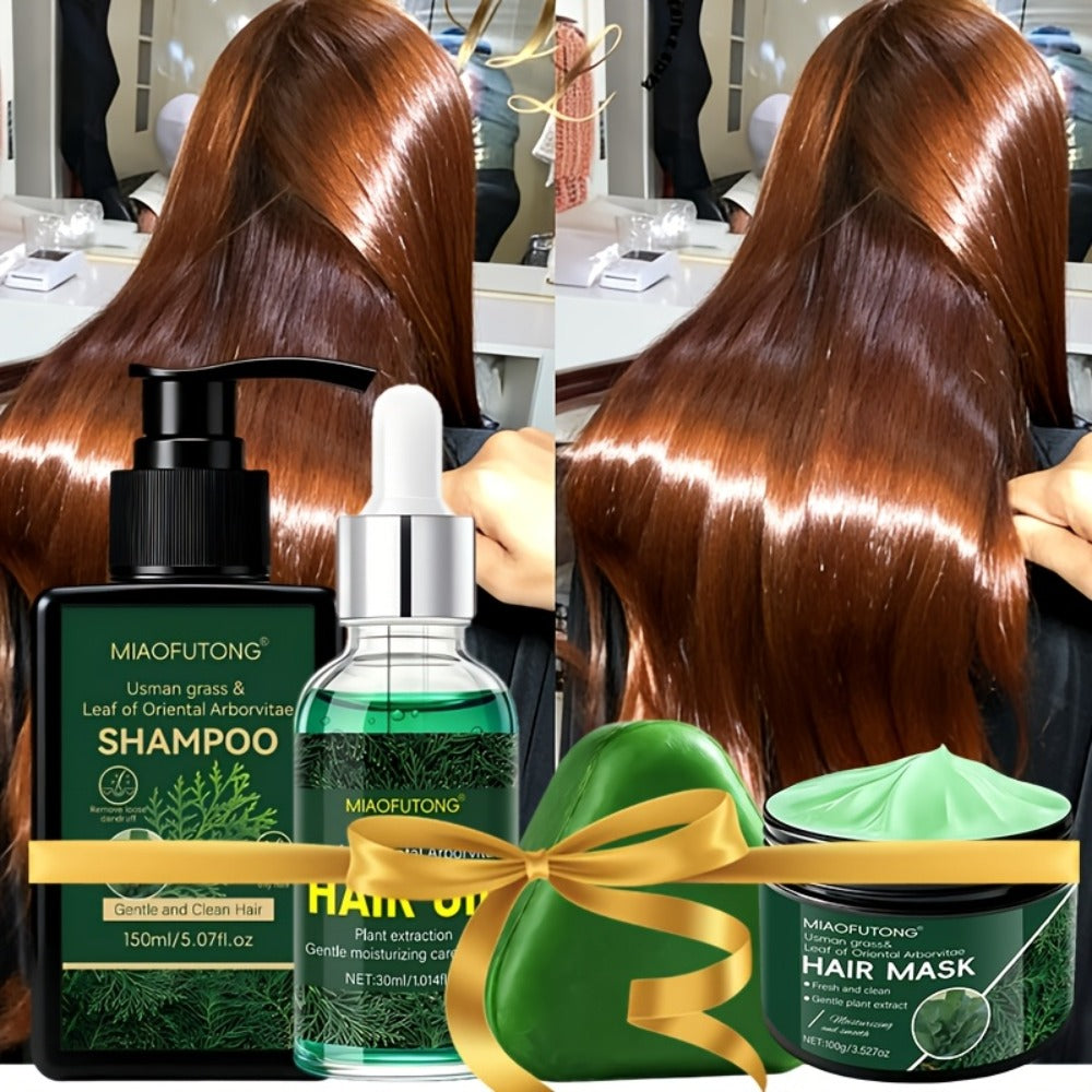 Hair Care Set 4pcs - 10-in-1 Shampoo, Conditioner, Hair Oil & Hair Mask with Usman Grass & Platycladus Extract | Strengthens, Cleanses & Restores Healthy Hair