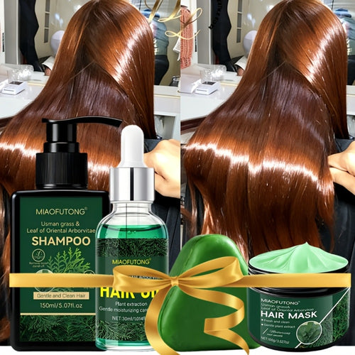 Hair Care Set 4pcs - 10-in-1 Shampoo, Conditioner, Hair Oil & Hair Mask with Usman Grass & Platycladus Extract | Strengthens, Cleanses & Restores Healthy Hair