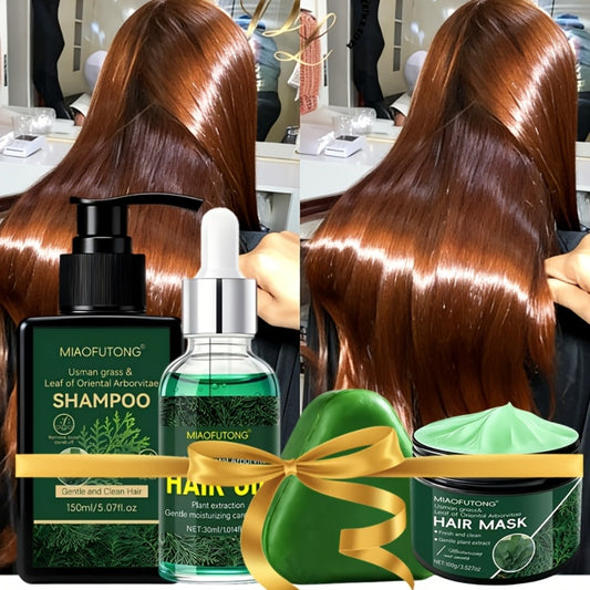 4pcs Set Of Shampoo, Conditioner, And Hair Oil, Hair Mask Set, 10in1- Natural Usman Grass And Platycladus Extract, Shampoo And Conditioner Set, Hair Serum, Cleanses Loose Scalp Debris, Strengthen Hair, Hair Looks And Feels Healthy