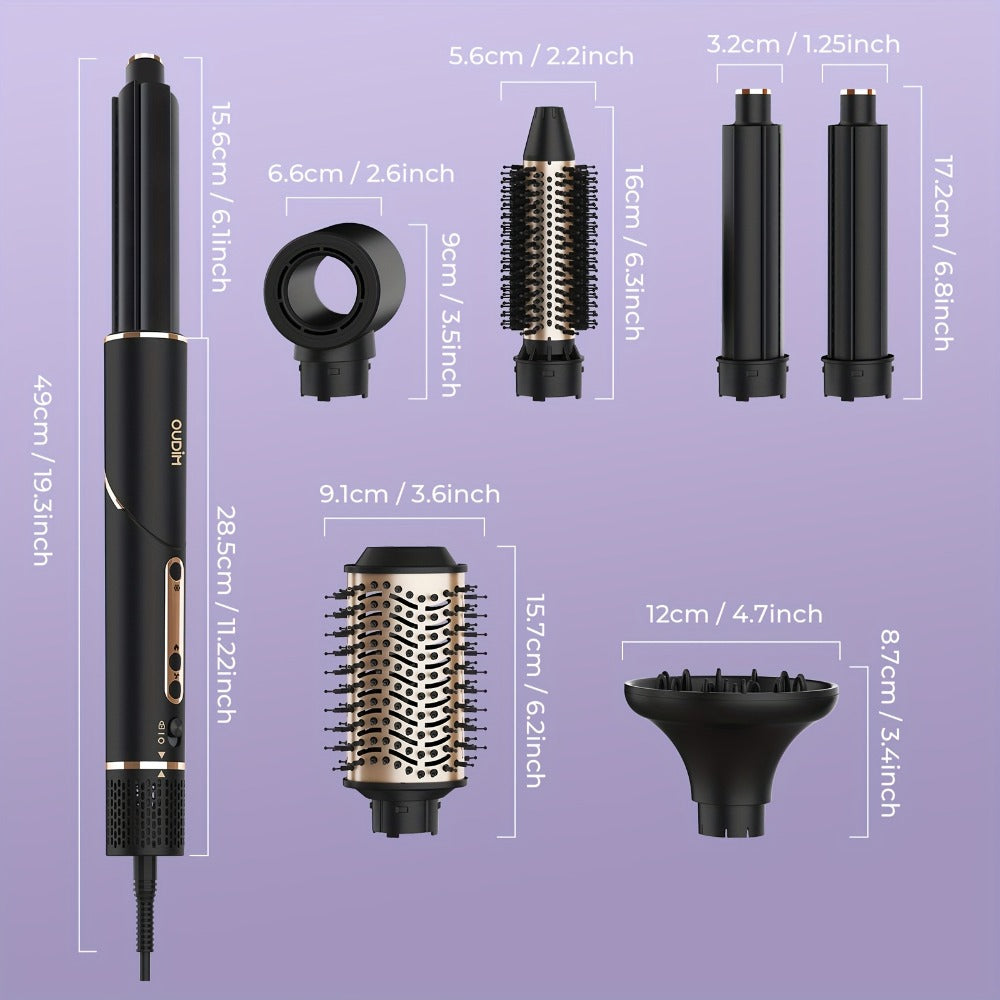 6-IN-1 Multi-Functional Hot Air Comb, Negative Ion Hair Dryer Brush And Styler, 110, 000 RPM High-speed, Frizz-free Hot Air for Rapid Drying, Air Styling Comb, Curling Iron, Straightener, Auto-winding Curling Rod, Foldable Handle, with A Storage Bag