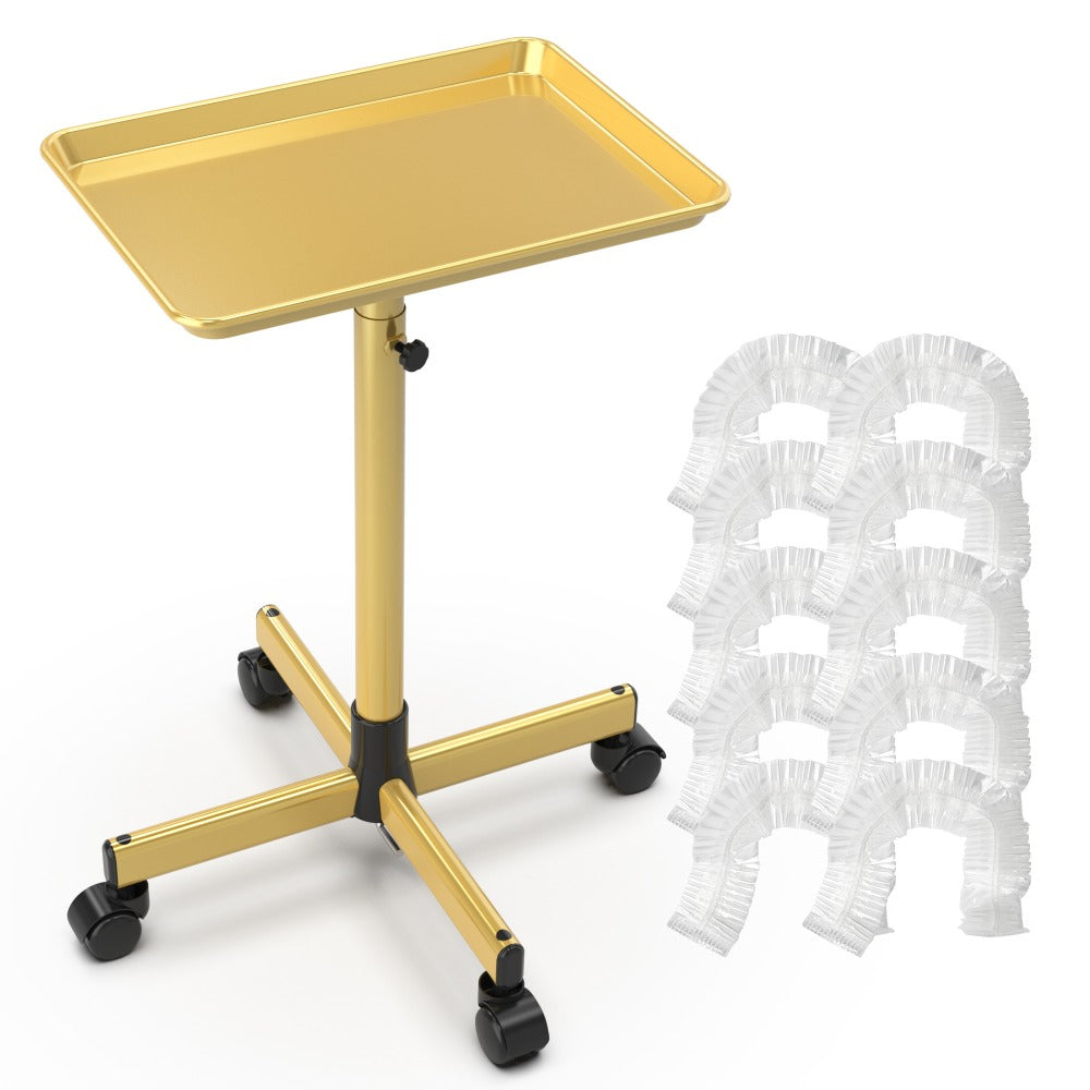 Premium Salon Tray Cart - Tattoo Tray in Gold & Pink, Adjustable Height Rolling Trolley for Spa, Salon & Hairstylist – Mobile Utility Tray with 10 Disposable Salon Tray Covers (Fits Trays ≤ 27.5in) for Storage & Organization