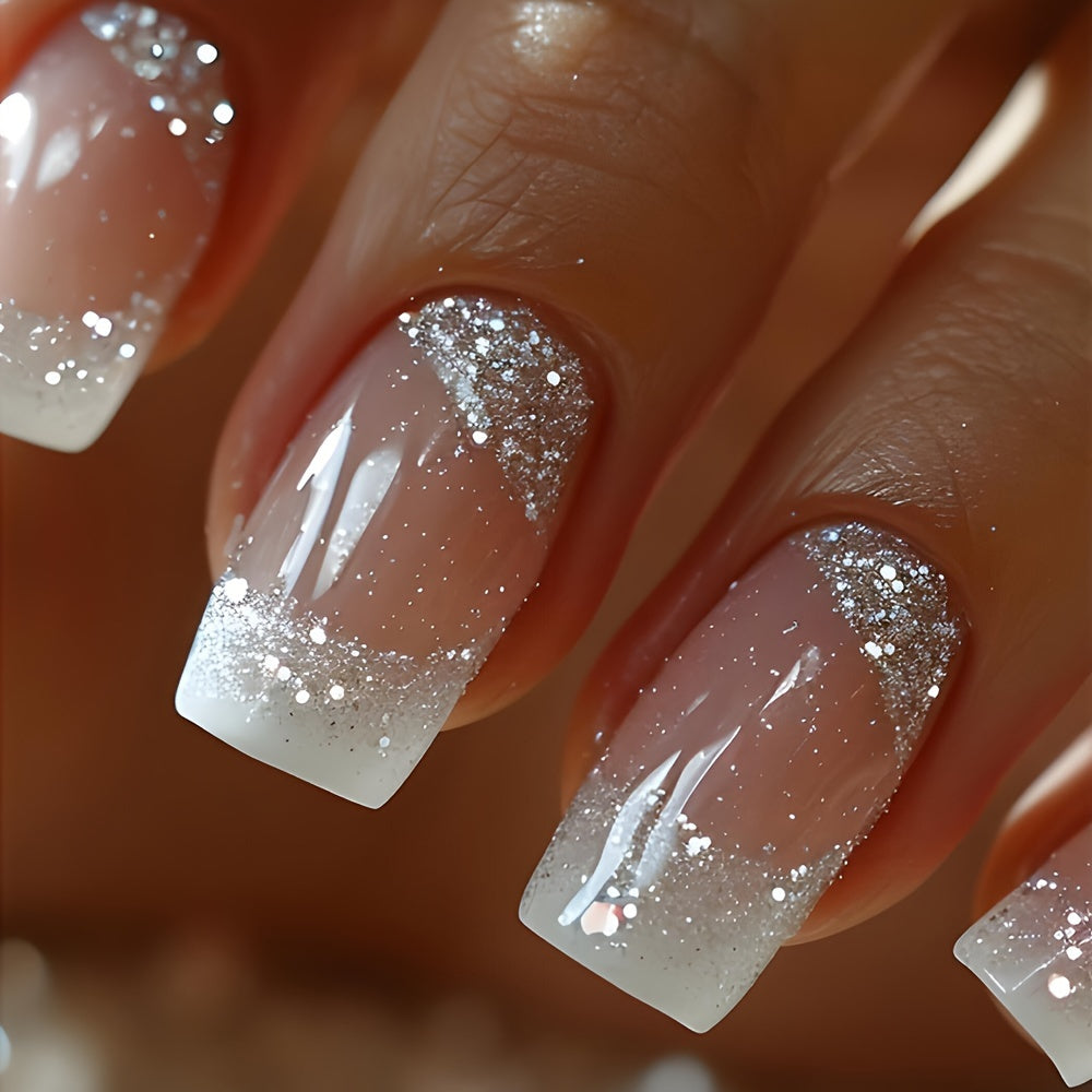 216pcs (9 Boxes) Short Square Summer White French Style Simple Gradient Glitter Heart Soft Gel Press-On Nails Full Cover Fake Nail Set for Women & S