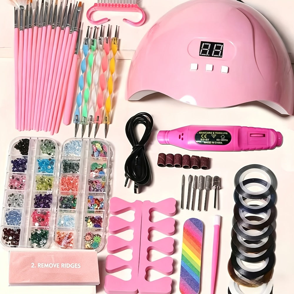 72-in-1 Stainless Steel Nail Art Tool Set with LED Nail Lamp, Glue Drying Machine, Nail Polisher, Nail Polish Brush, Nail Art Drill Pen, Finger Divider, Gel Nail Polish Kit, Nail Art Accessories, Manicure Kit, Makeup Tools, Holiday Gifts