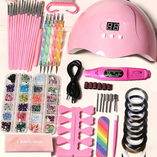 72-in-1 Stainless Steel Nail Art Tool Set with LED Nail Lamp, Glue Drying Machine, Nail Polisher, Nail Polish Brush, Nail Art Drill Pen, Finger Divider, Gel Nail Polish Kit, Nail Art Accessories, Manicure Kit, Makeup Tools, Holiday Gifts