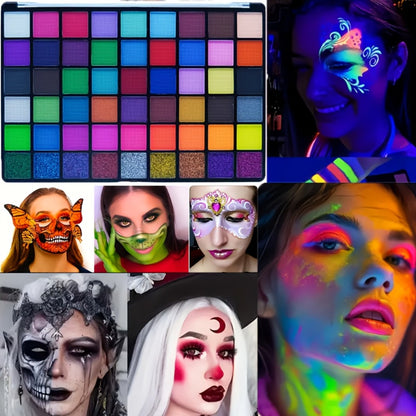 Face Body Paint Set 54 Colors — Matte, UV Fluorescent & Glitter Palette with Pattern Templates, Brushes & Tattoo Stickers for Sports, Cheerleading, Festivals & Parties