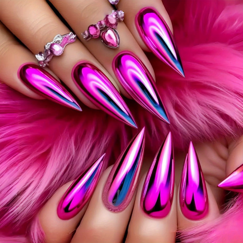 216pcs (9pcs) Solid Color Cool Almond Shaped Nail Pressure Purple, Pink, Silvery, and Golden Gradient Fake Nails, French Style Pointed Fake Nails, Daily and Holiday Nail Full Set Acrylic Nail Glue for And