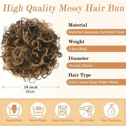 Messy Bun Hair Extension Drawstring Curly Ponytail - 80g Synthetic Loose Bun Piece for Women Thinning Hair Black Brown Burgundy 10 Inch