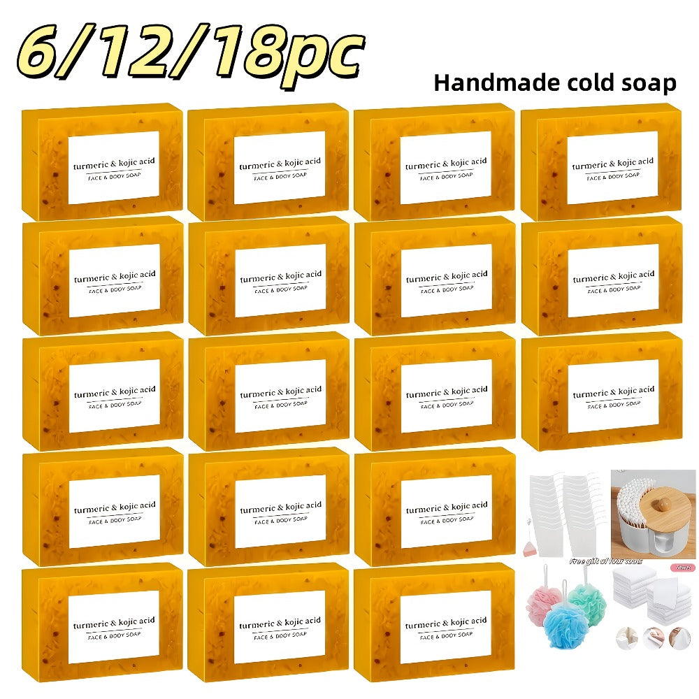 6/12/18pcs Handmade Cold - Processed Turmeric, Lemon & Kojic Acid Soaps For Cleansing - ForFace & Body -Foaming Net Included+Dopamine Bath Ball+ Swab+Towel. Deeply Cleanses, Hydrates, And Suits All Skin Types. Free Gift Of Four Tools.Bye, Dirt!