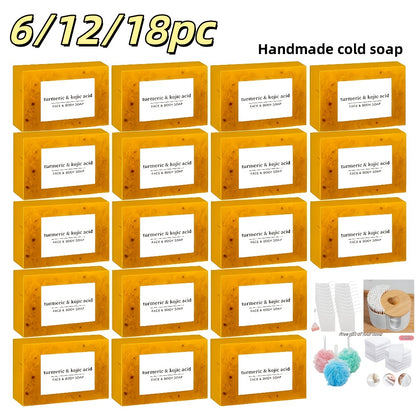 Kojic Acid Soap Set – Handmade Turmeric & Lemon Cold-Processed Bars for Face & Body, Deep Cleansing & Hydrating, All Skin Types, Includes Foaming Net & Bath Tools