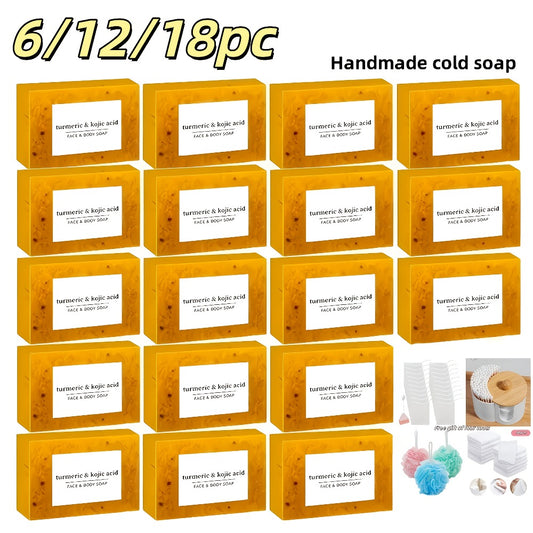6/12/18pcs Handmade Cold - Processed Turmeric, Lemon & Kojic Acid Soaps For Cleansing - ForFace & Body -Foaming Net Included+Dopamine Bath Ball+ Swab+Towel. Deeply Cleanses, Hydrates, And Suits All Skin Types. Free Gift Of Four Tools.Bye, Dirt!