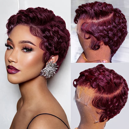 Pixie Cut Wig Human Hair 13x4 HD Lace Front Short Curly Wavy Wig Pre Plucked Natural Hairline Body Wave Loose Deep Wave Finger Wave Glueless Wig Natural Black Burgundy Chocolate Brown 6 Inch
