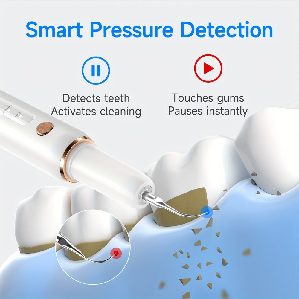 Electric Tooth Cleaner 5-Speed Ultrasonic Tartar Remover USB Rechargeable IPX6 Waterproof Dental Scaler with LED Light Mirror 2 Tips Plaque Stain Removal Tool for Home Oral Care