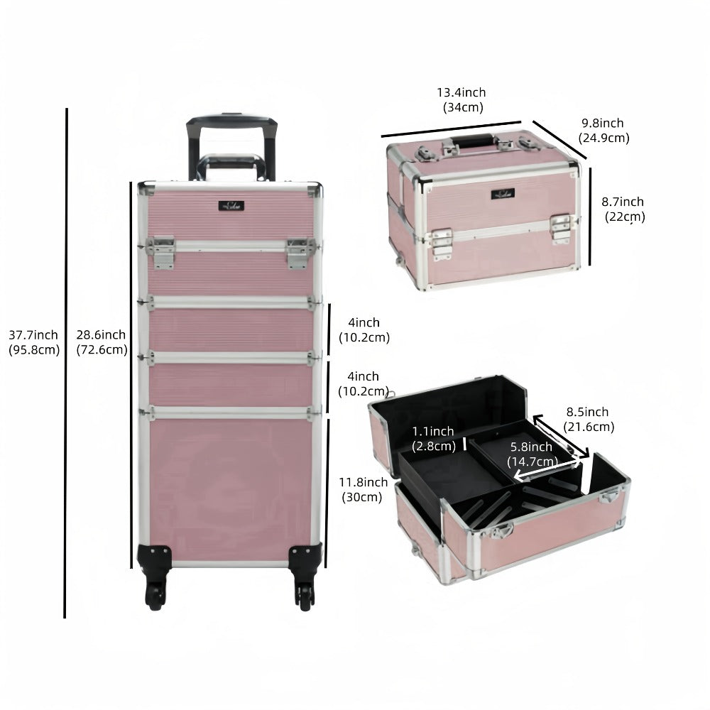 OmySalon 4in 1 Rolling Makeup Train Case, Aluminum Makeup Travel Organizer Cosmetic Case, Cosmetology Display Suitcase On Wheels, Beauty Storage Luggage Lockable W/4 Removable Wheels, Valentines Day Gift for Her, Valentine's Day And Other Festivals