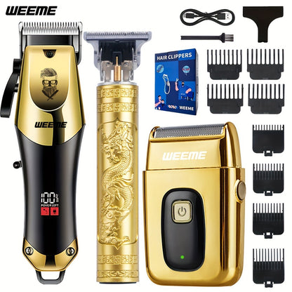 Men's Hair Clipper Set - Golden Series USB Rechargeable T-Blade Trimmer Kit with Combs & Cleaning Brush, 1pc 2pcs 3pcs Options, Gift for Men