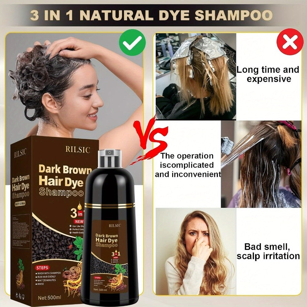 Hair Dye Shampoo for Grey Hair 3-in-1 Natural Plant-Based Herbal Formula Non-Stick Scalp Covers White Hair Colors in Minutes 500ml Black Dark Brown Chestnut