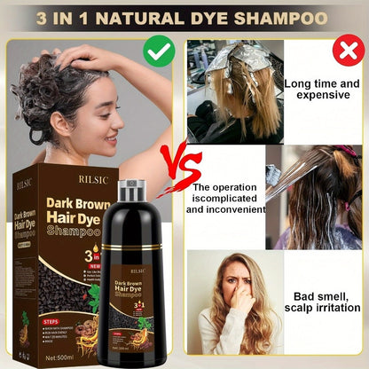 Hair Dye Shampoo for Grey Hair 3-in-1 Natural Plant-Based Herbal Formula Non-Stick Scalp Covers White Hair Colors in Minutes 500ml Black Dark Brown Chestnut