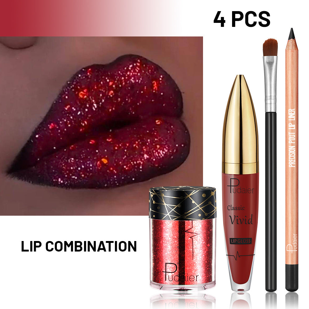 Pudaier lip combo set Sparkling Lip Glitter Kit, Includes Lip Liner, Lip Gloss, Chunky Glitter & Lip Brush, Metallic Glitter Lip Makeup Set, Party Festival Rave Makeup, Gift for Women, makeup for women lipstick