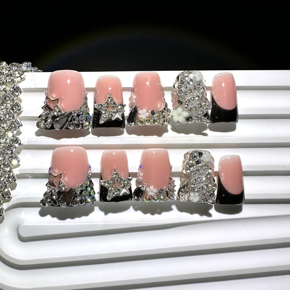 10pcs Short Duckbill Black French Style with Silvery Snake Full Diamond Shiny Stars Handmade Press on False Nails Suitable for Weddings Parties Birthday Gifts
